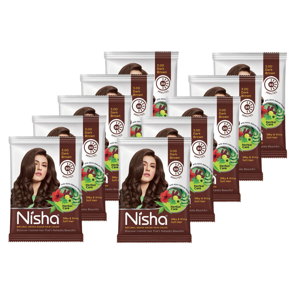 Nisha Henna Based Hair Colour for Women & Men - Dark Brown (Pack of 10) | Grocsy