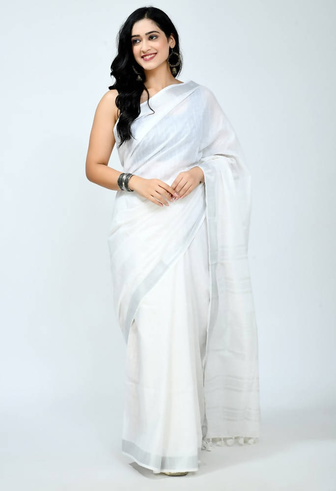 Mominos Fashion Moeza Bhagalpuri Handloom Silk White Saree | Grocsy
