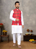 Anaita Red Cotton Straight Kurta Pajama & Koti With Jequard Work | Grocsy