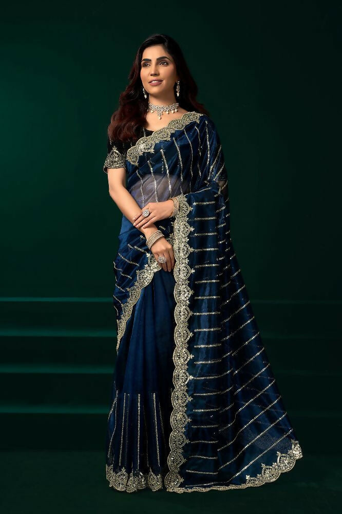 Joban Fashion Navy Blue Net Party Wear Sarees | Grocsy