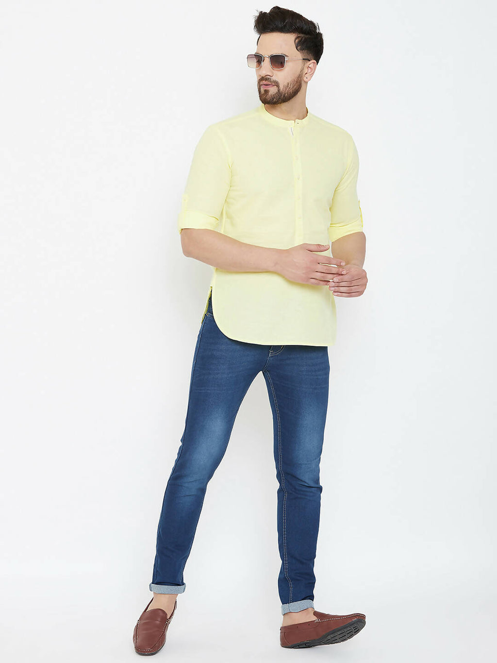 Even Apparels Yellow Color Band Collar Pure Cotton Men's Kurta | Grocsy