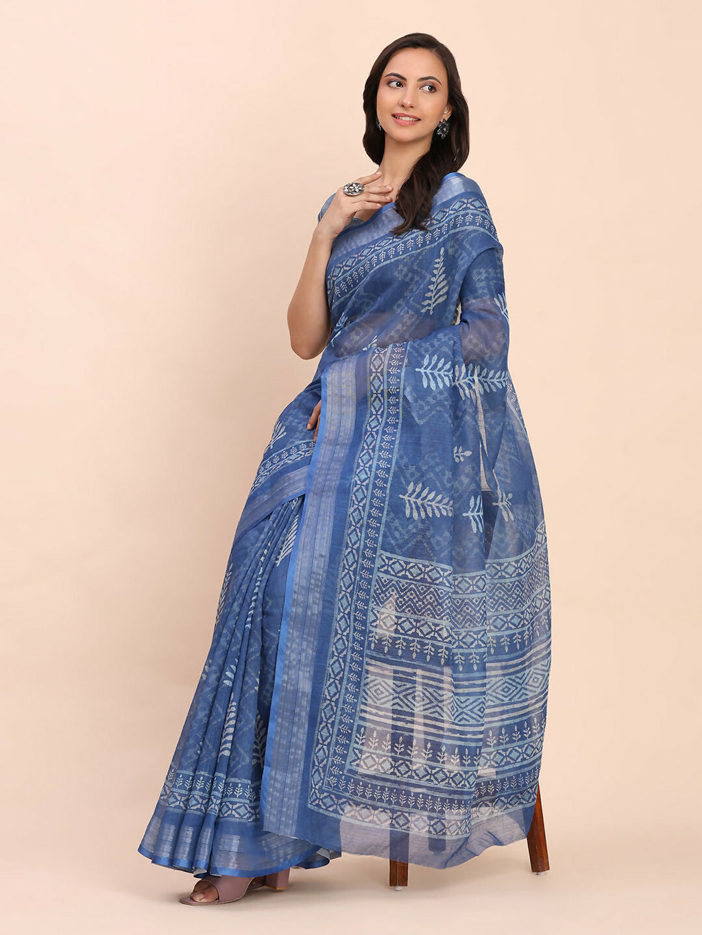 Shree Shyam Fashion Linen Cotton Indigo Blue Saree | Grocsy