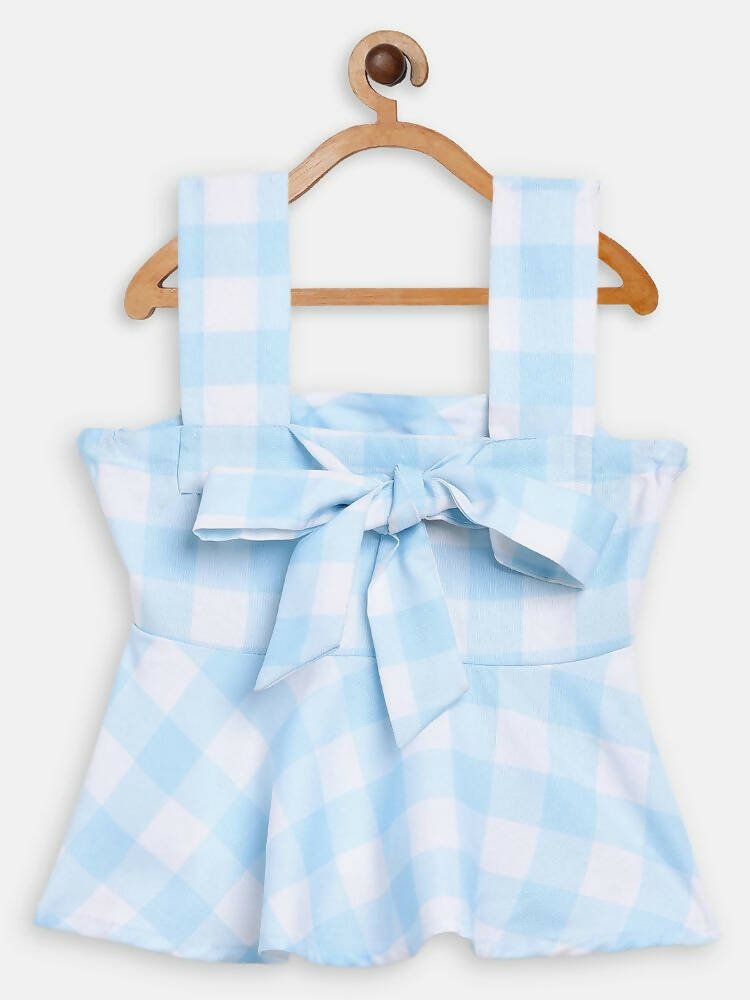 Ahalyaa Sky Blue Rayon Checked Kids Top With Skirts For Girls | Grocsy