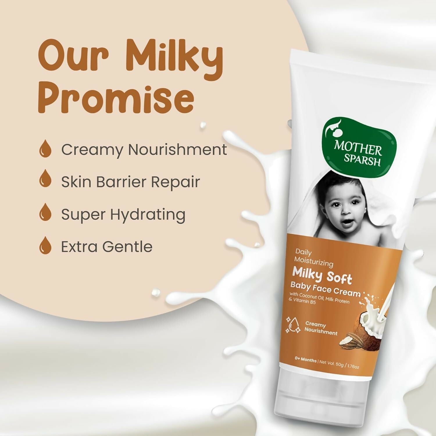 Mother Sparsh Milky Soft Baby Face Cream With Coconut Oil, Milk Protein & Vitamin B5, Non Sticky Baby Cream Prevents Dryness | Grocsy
