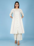Aramya Cream Linen Cotton Solid Print A-line Kurta Set for Women | Grocsy