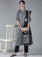 Yufta Women Grey Pure Cotton Kurta with Trouser & With Dupatta | Grocsy