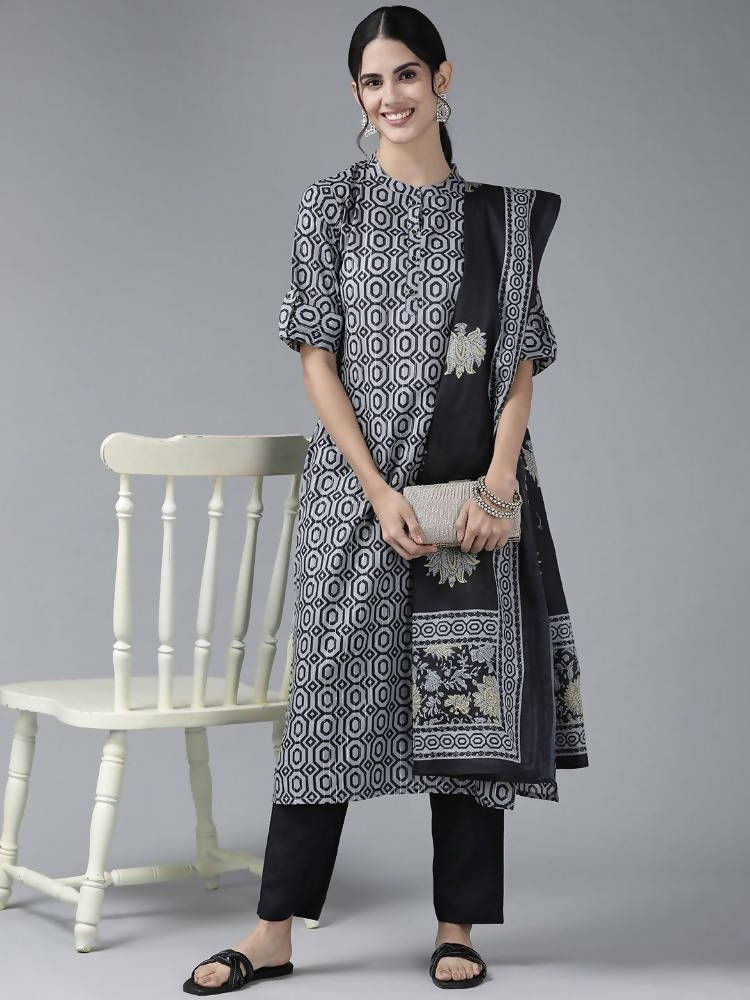 Yufta Women Grey Pure Cotton Kurta with Trouser & With Dupatta | Grocsy