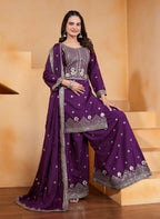 Joban Fashion Wine Crepe Embroidered Sharara Set | Grocsy