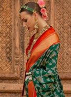 Green Silk Abstract Printed Saree With Unstitched Blouse Piece - Aanchal | Grocsy
