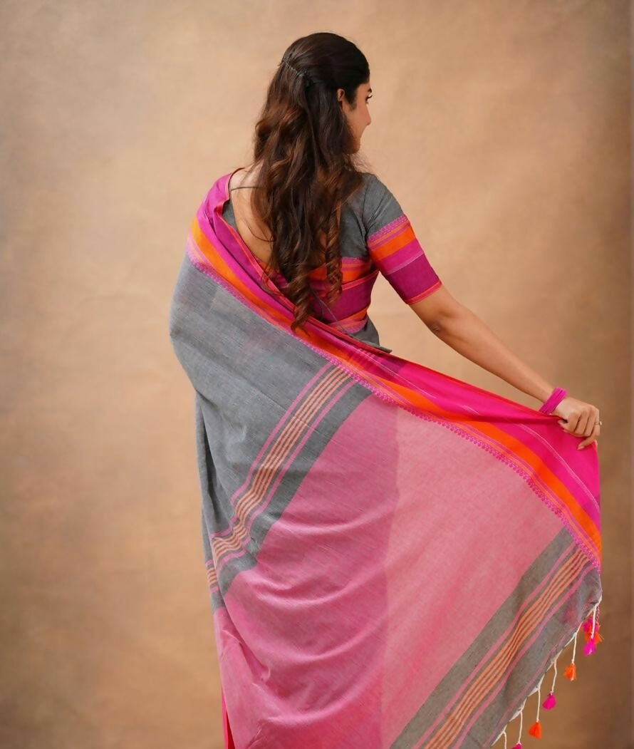 Exclusive Collection Grey Beautiful Khadi Cotton Handloom Saree | Grocsy