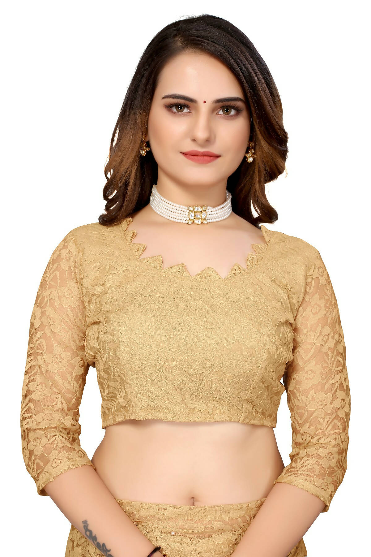 Vamika Brown Pearls Net Saree | Grocsy