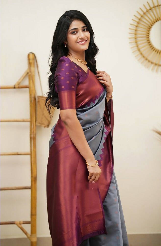 DEIANA'S Beautiful Designer Golden zari Soft Lichi Silk Saree - Grey | Grocsy