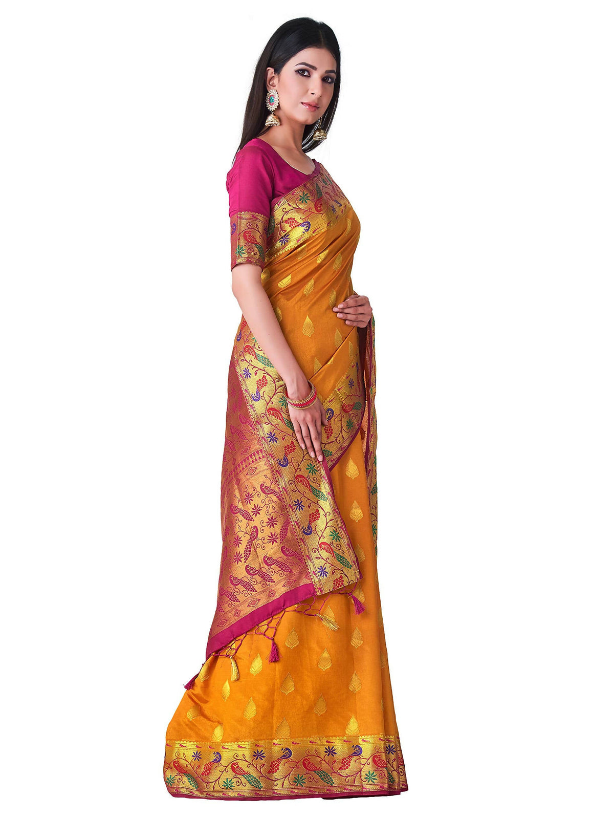 Mimosa Women's Paithani Art Silk Mustard Yellow Saree | Grocsy