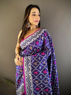 Joban Fashion Blue Jacquard Woven Pattern Lichi Soft Silk Banarasi Saree | Grocsy