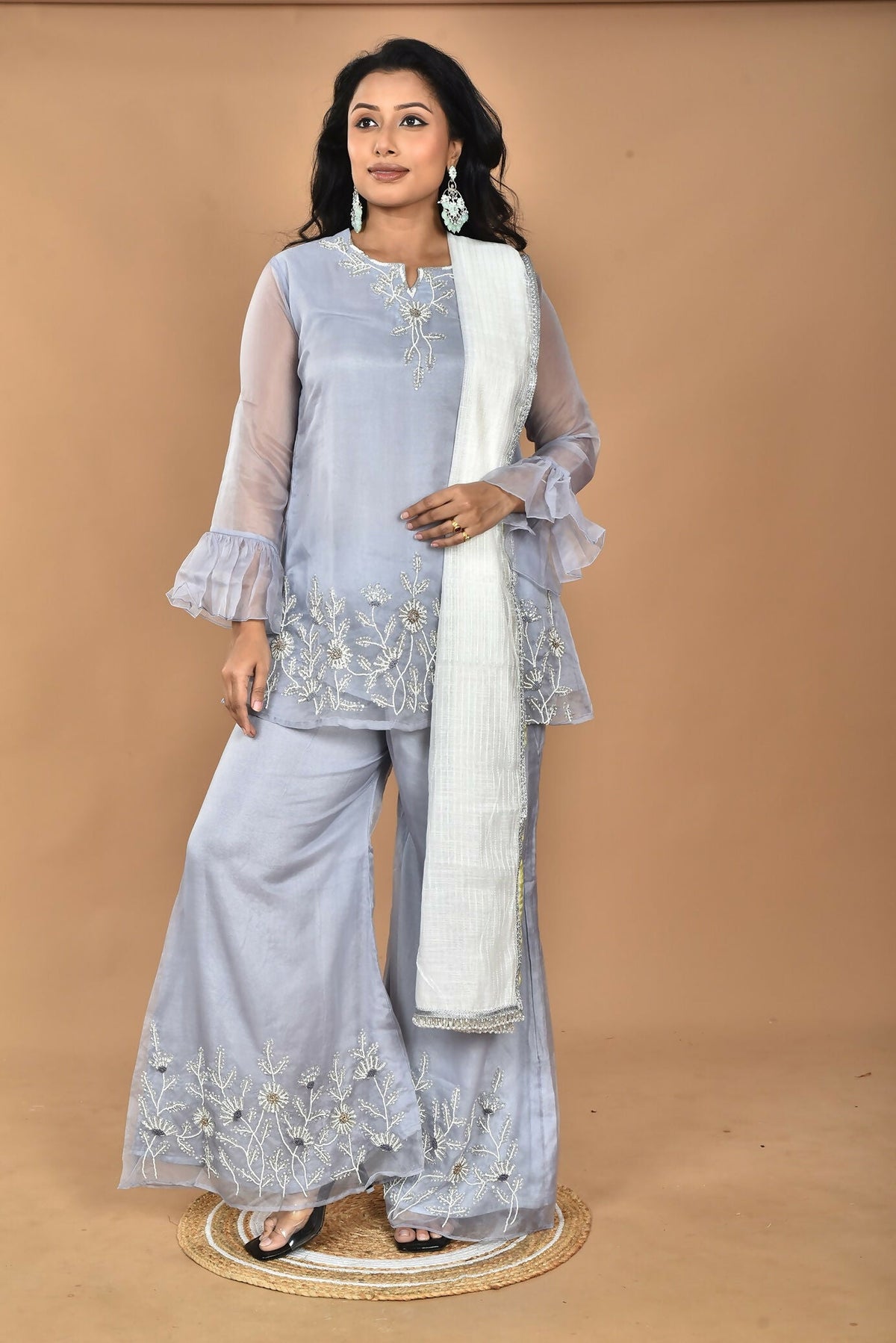 Morchari Women And Hand Embroidery Palazzo Set-Grey | Grocsy