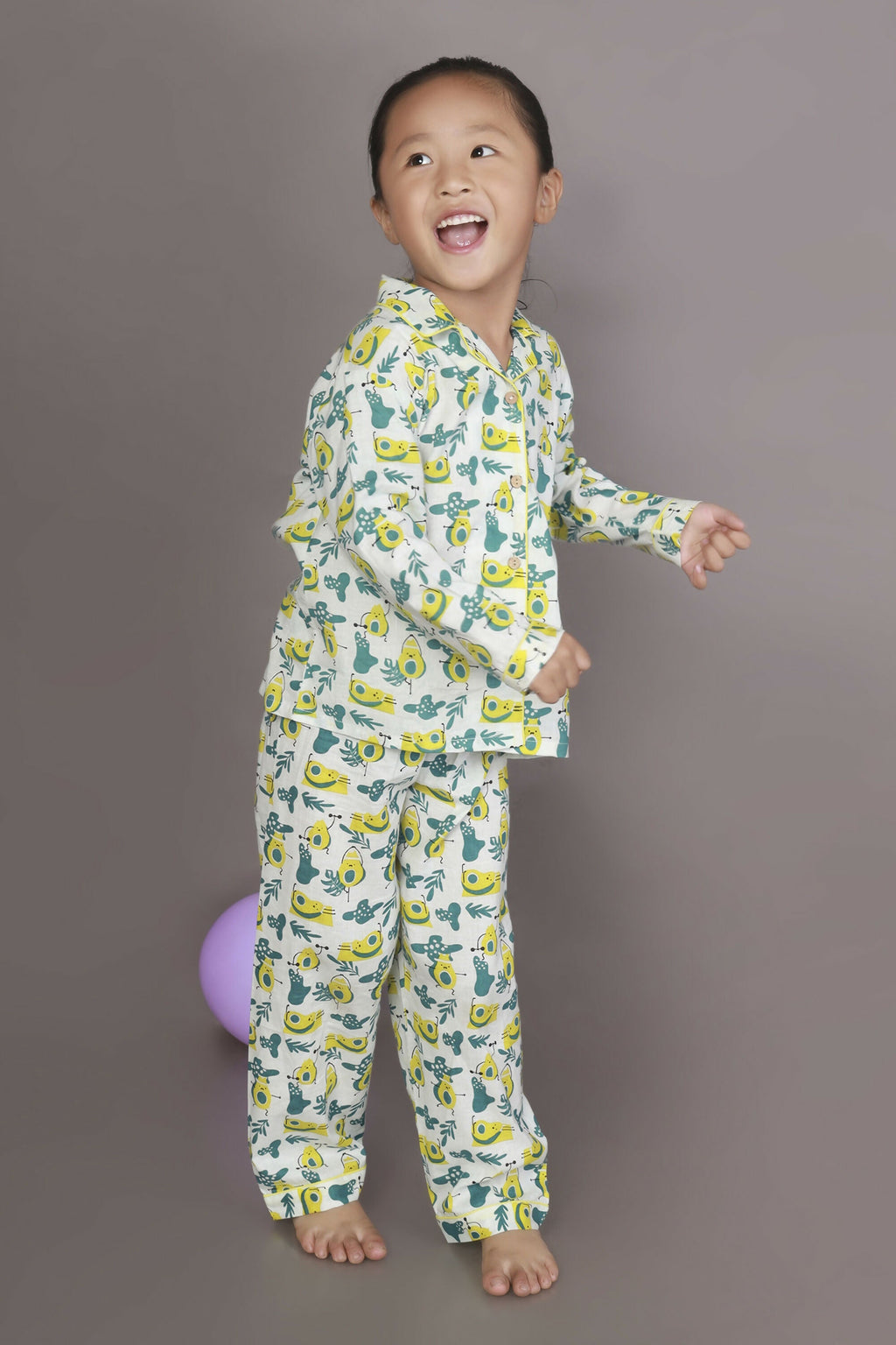 Breathables Kids Cotton Night Suit – White Avocado Print Shirt & Pyjama Co-Ord Set For Boys & Girls | Grocsy