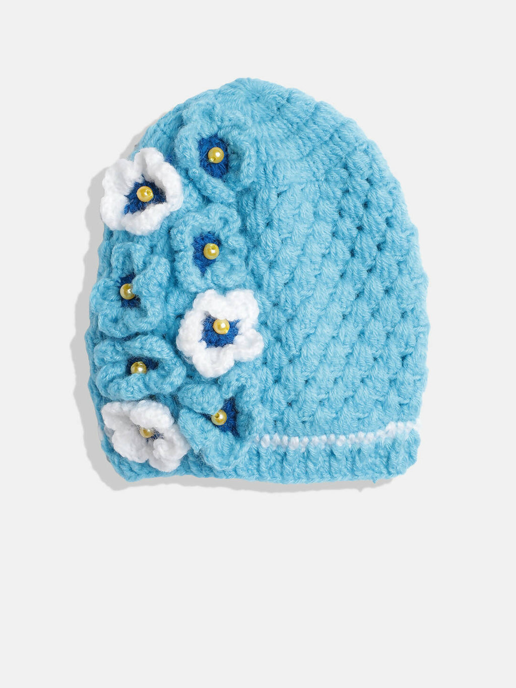 Chutput Kids Woollen Hand Knitted Pearl Embellished Floral Detailed Cap - Blue | Grocsy