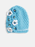 Chutput Kids Woollen Hand Knitted Pearl Embellished Floral Detailed Cap - Blue | Grocsy