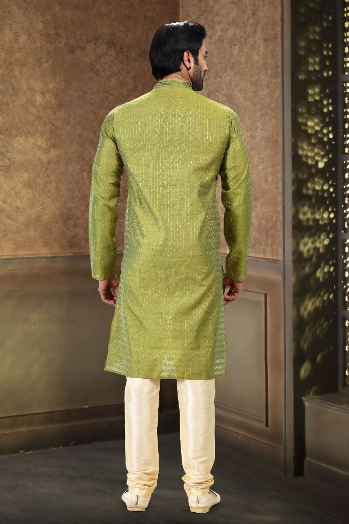 Raivat Ethnic Jacquard Art Silk Mirror and Thread Work Kurta Pajama In Green Colour | Grocsy