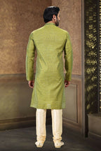 Raivat Ethnic Jacquard Art Silk Mirror and Thread Work Kurta Pajama In Green Colour | Grocsy