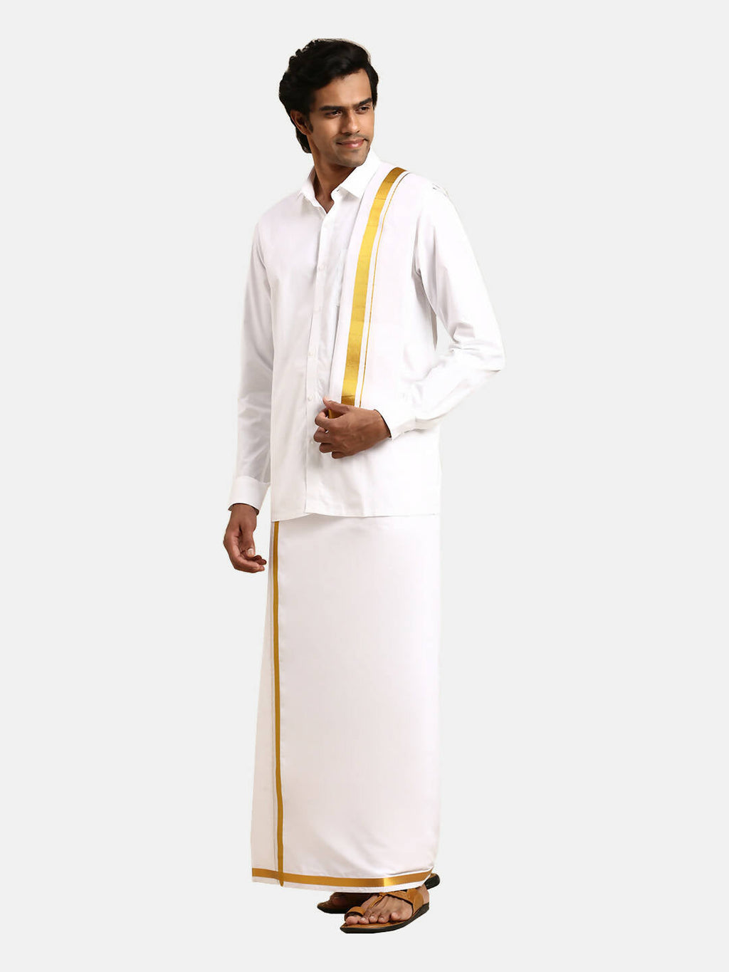 Ramraj Cotton Mens 1/2 " Poly Cotton 3 In 1 Dhoti, Towel - White | Grocsy