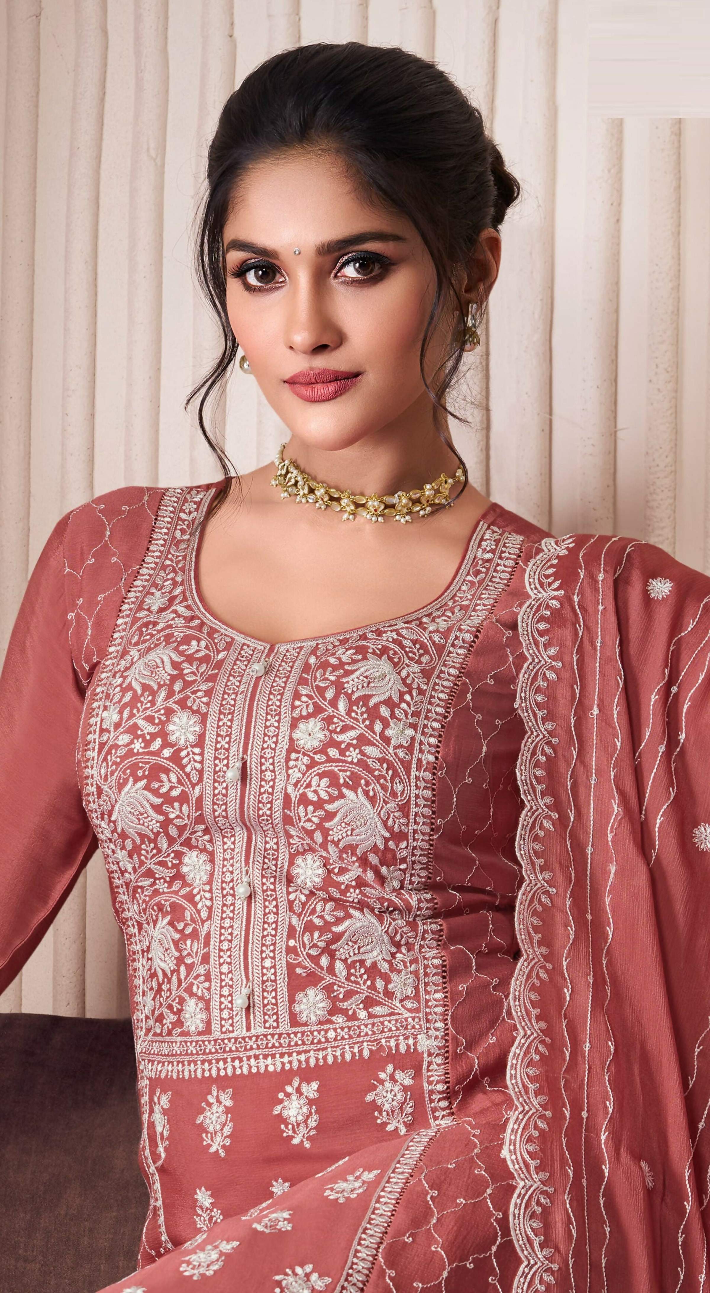 Anaita Peach Embroidered Work Silk Stitched Sharara Suit | Grocsy