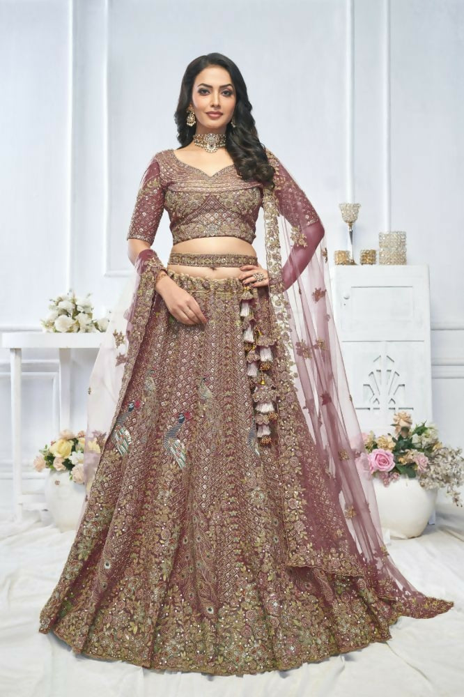 Kesar Fab Purple Net Embroidered Lehenga | Grocsy