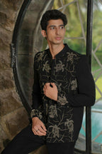 Classic Black Bandhgala Ensemble – Tortoise Embroidery by Hilo Design | Grocsy