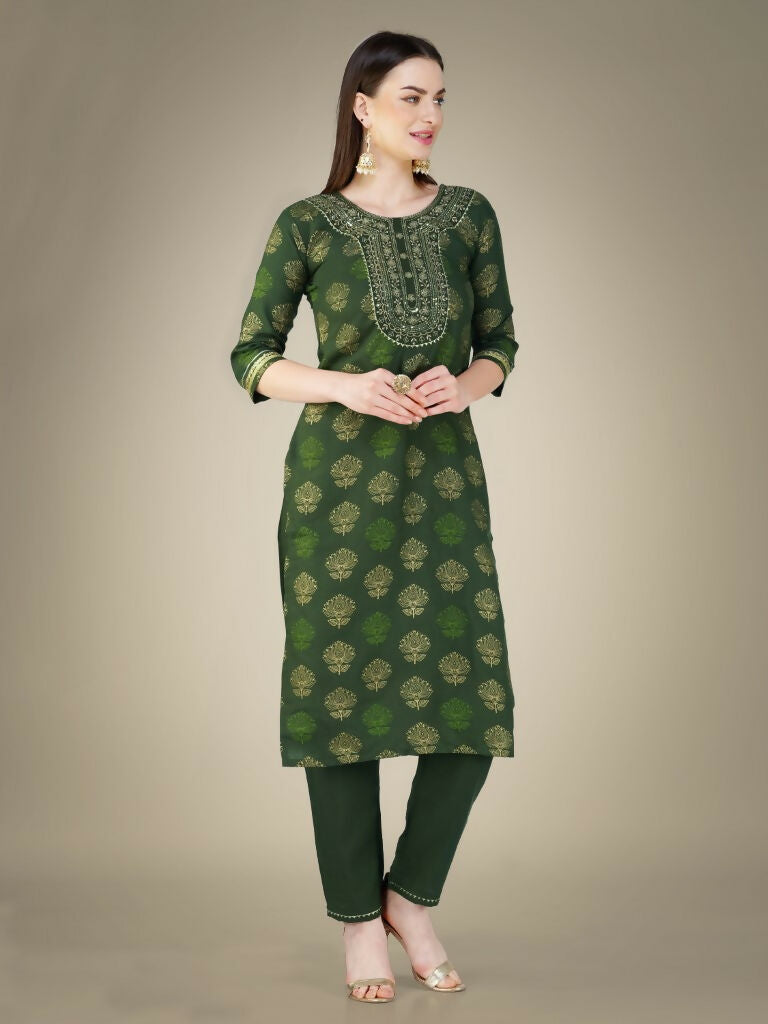 Jyoti Fashion Women's Dark Green Cotton Magic Slub Embroidery & Sequence work Kurta with Trouser & Dupatta | Grocsy