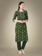 Jyoti Fashion Women's Dark Green Cotton Magic Slub Embroidery & Sequence work Kurta with Trouser & Dupatta | Grocsy
