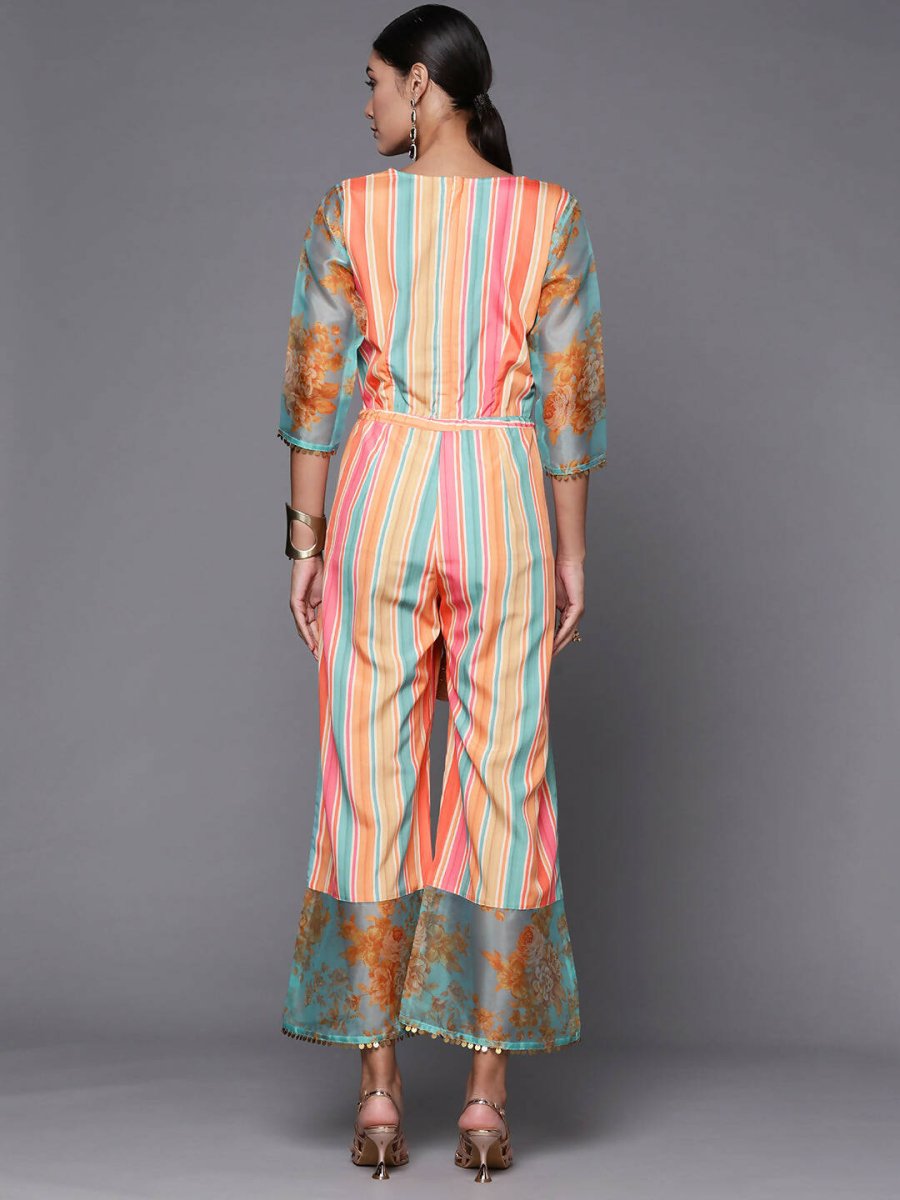 Ahalyaa Coral Orange & Blue Candy Striped Basic Jumpsuit | Grocsy