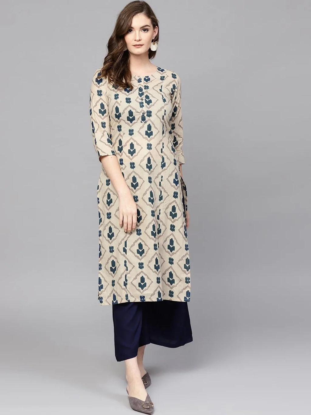 Yufta Beige & Navy Blue Printed Pure Cotton Kurta | Grocsy