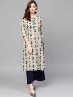 Yufta Beige & Navy Blue Printed Pure Cotton Kurta | Grocsy
