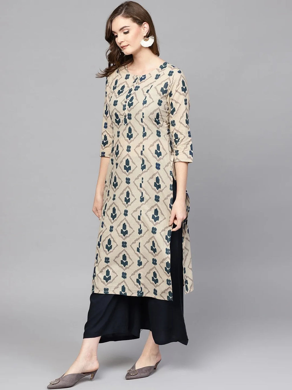 Yufta Beige & Navy Blue Printed Pure Cotton Kurta | Grocsy