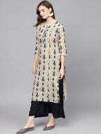 Yufta Beige & Navy Blue Printed Pure Cotton Kurta | Grocsy