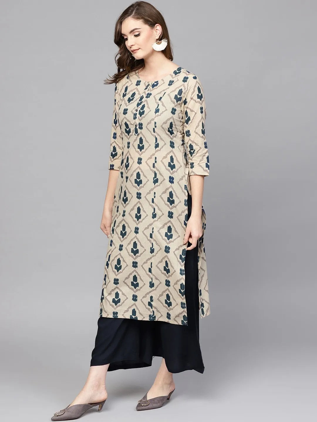 Yufta Beige & Navy Blue Printed Pure Cotton Kurta | Grocsy