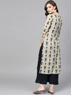 Yufta Beige & Navy Blue Printed Pure Cotton Kurta | Grocsy