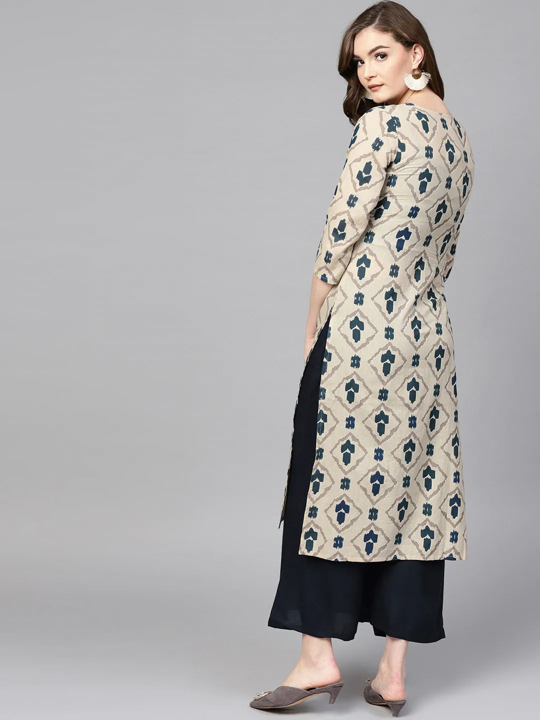 Yufta Beige & Navy Blue Printed Pure Cotton Kurta | Grocsy
