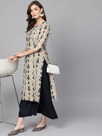 Yufta Beige & Navy Blue Printed Pure Cotton Kurta | Grocsy
