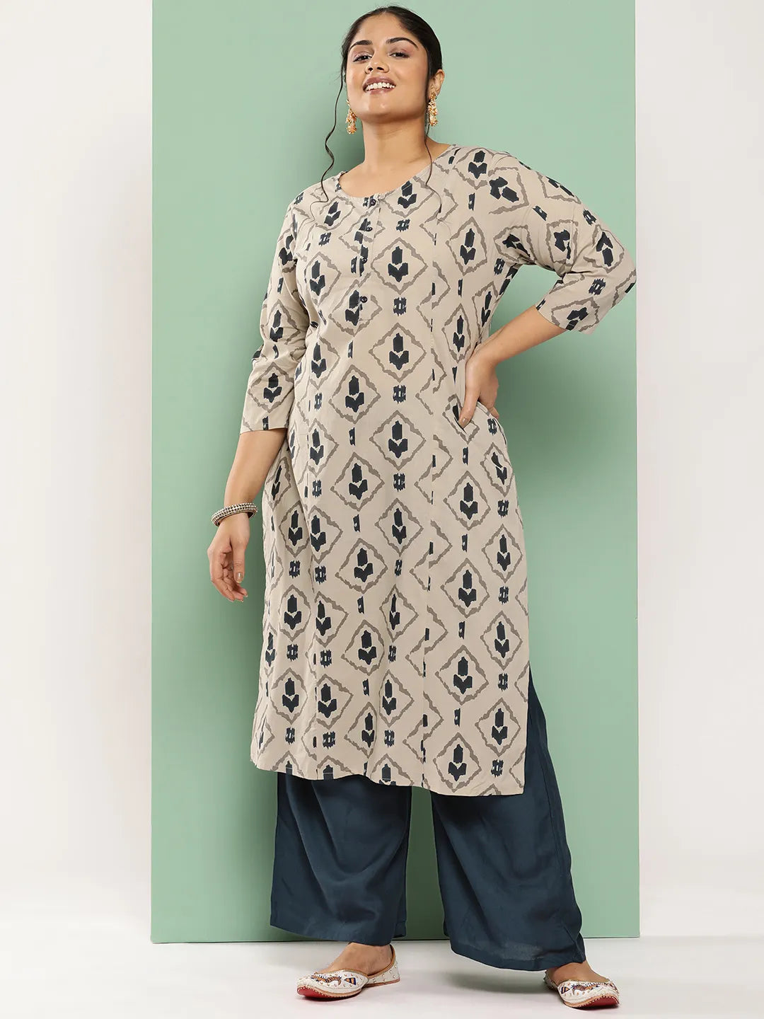 Yufta Beige & Navy Blue Printed Pure Cotton Plus Size Kurta | Grocsy