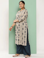 Yufta Beige & Navy Blue Printed Pure Cotton Plus Size Kurta | Grocsy