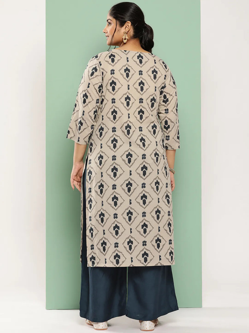 Yufta Beige & Navy Blue Printed Pure Cotton Plus Size Kurta | Grocsy