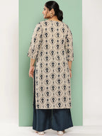 Yufta Beige & Navy Blue Printed Pure Cotton Plus Size Kurta | Grocsy