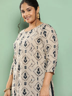 Yufta Beige & Navy Blue Printed Pure Cotton Plus Size Kurta | Grocsy