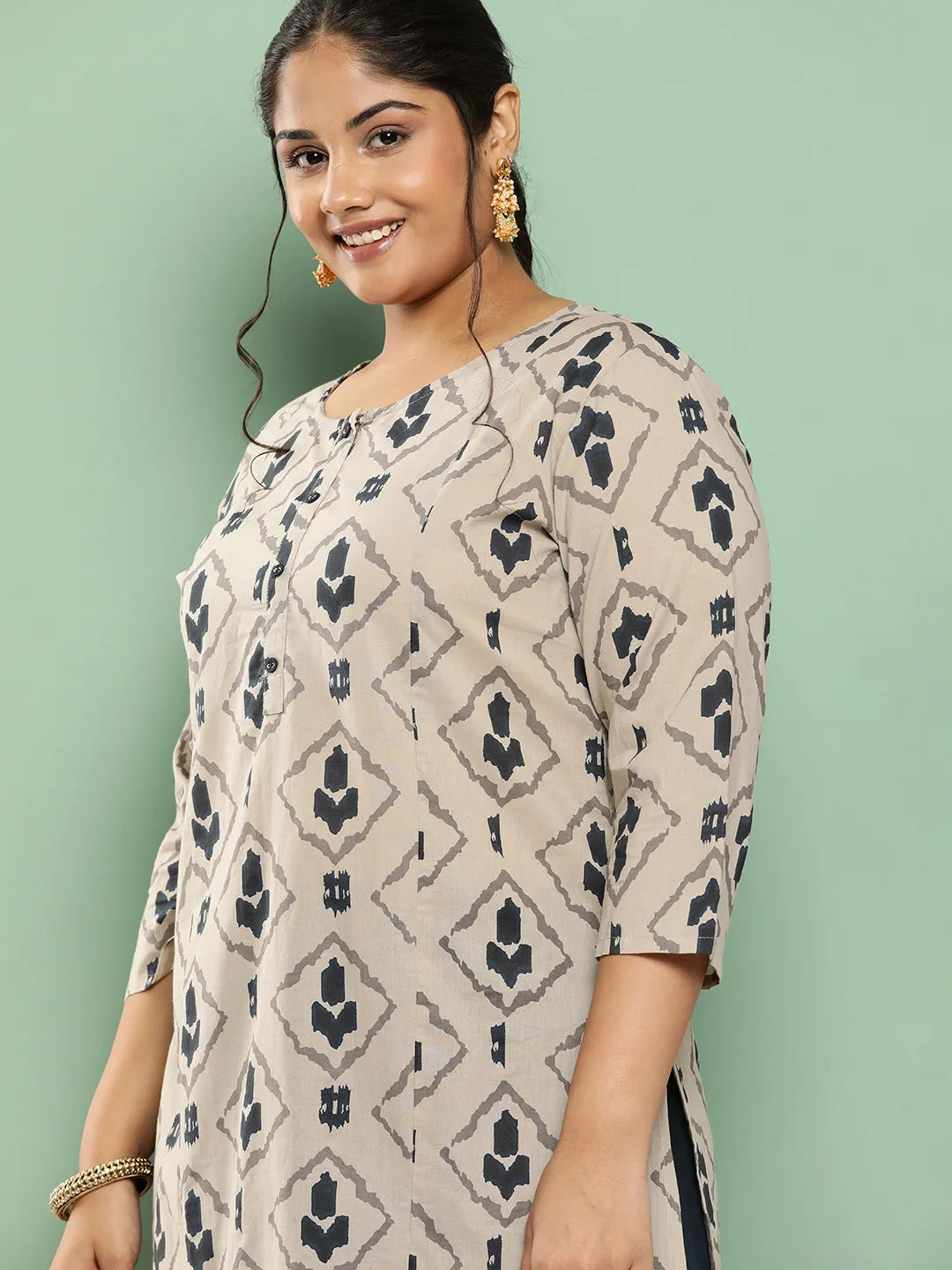 Yufta Beige & Navy Blue Printed Pure Cotton Plus Size Kurta | Grocsy