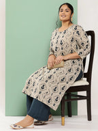 Yufta Beige & Navy Blue Printed Pure Cotton Plus Size Kurta | Grocsy