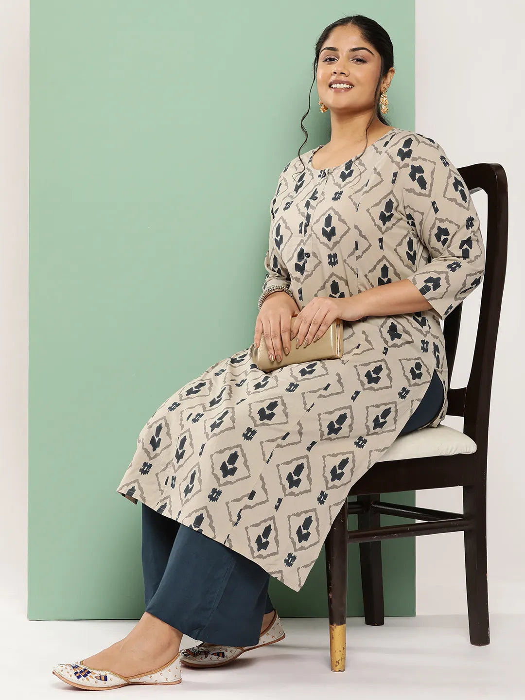 Yufta Beige & Navy Blue Printed Pure Cotton Plus Size Kurta | Grocsy