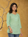 Yufta Women Green Chikankari Striped Regular Top | Grocsy