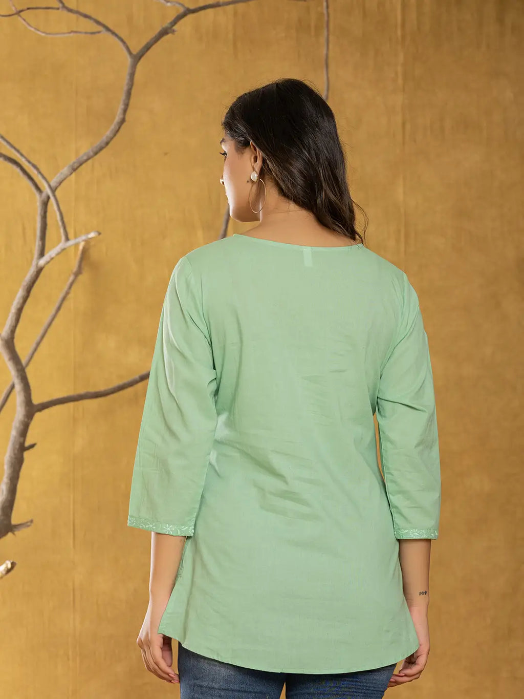 Yufta Women Green Chikankari Striped Regular Top | Grocsy