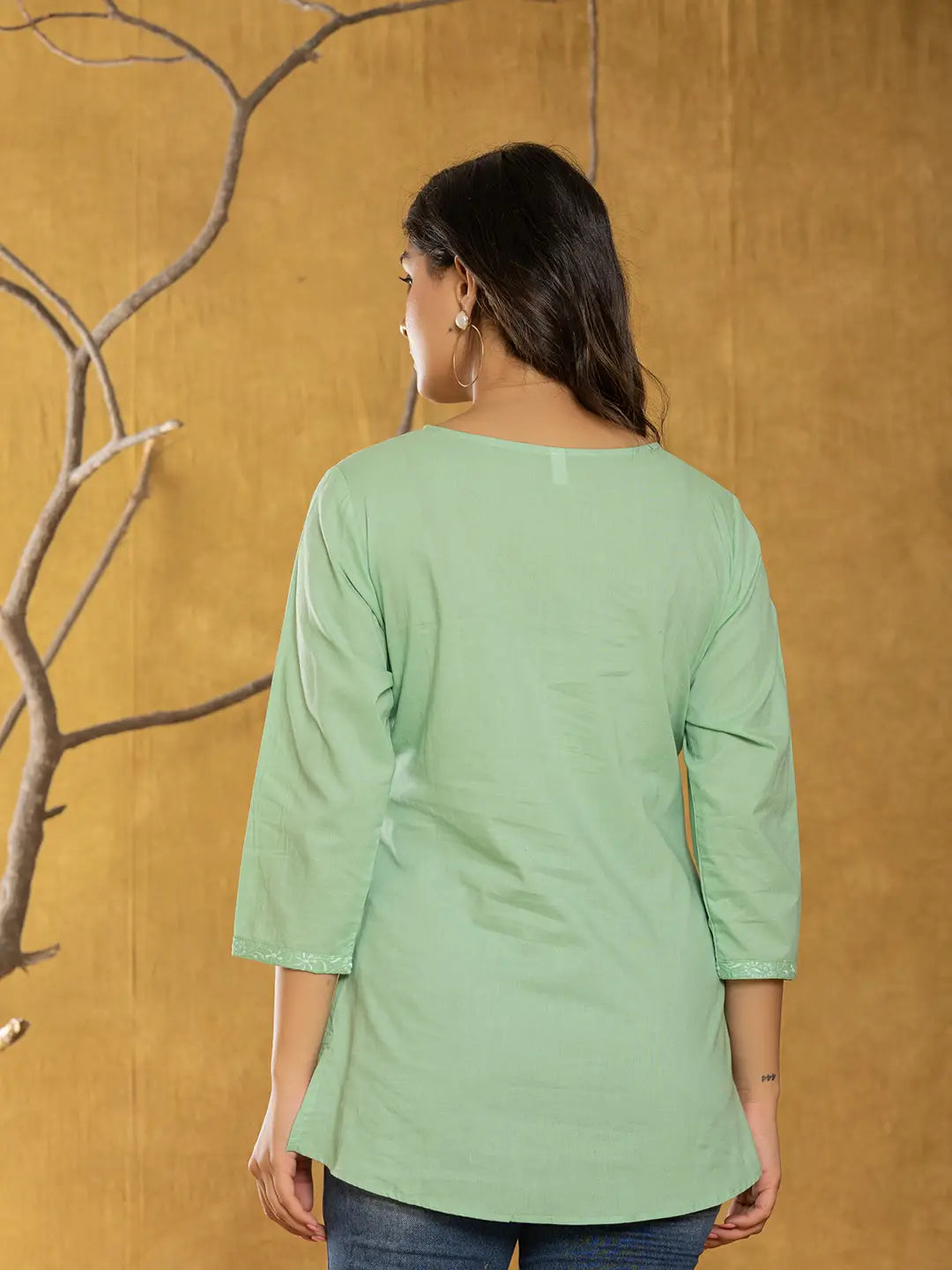 Yufta Women Green Chikankari Striped Regular Top | Grocsy